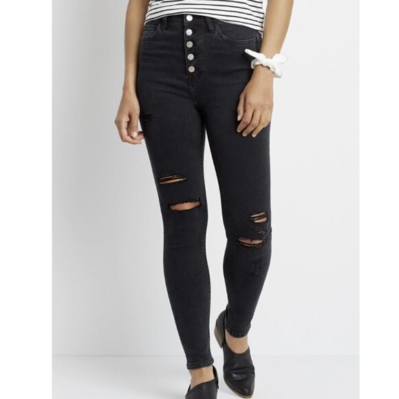 Maurices Distressed Button Fly Skinny Black Denim - Picture 1 of 11